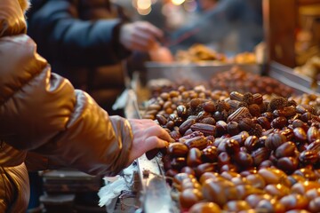 A close up view of a tray filled with seasonal treats like roasted chestnuts and gingerbread on a table - obrazy, fototapety, plakaty