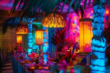 A dining room with a palm tree in the background, set up with themed party decorations for a tropical luau or retro event - obrazy, fototapety, plakaty