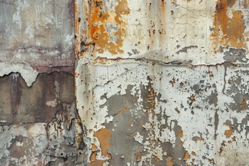 Detailed view of a weathered wall with peeling paint and rust, showcasing textures and decay