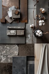 moodboard with color swatches in various shades of dark brown, grey and black for interior design. Creative flat lay composition with samples, panels and tiles. Stylish interior designer moodboard. .