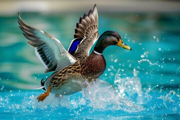 duck landing in water causing gentle pool splash - obrazy, fototapety, plakaty