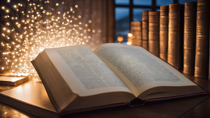glowing light from an open book. Conceptual image with dry tree growing from book. AI generated...
