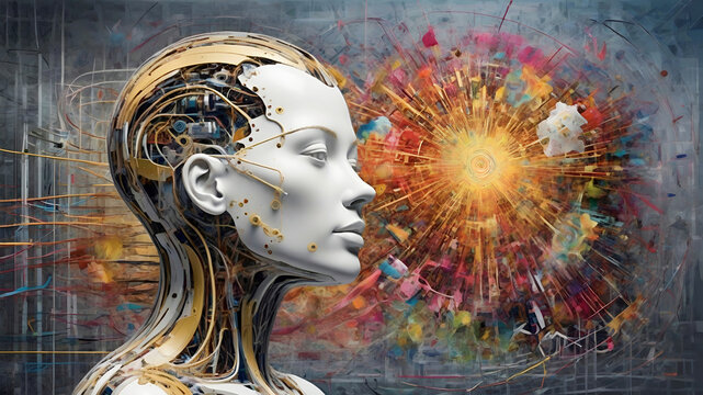 Profile portrait of a beautiful female humanoid robot. Abstract pattern background with various shapes, colors and textures