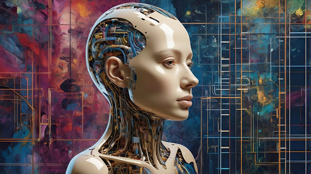 Profile portrait of a beautiful female humanoid robot. Abstract pattern background with various shapes, colors and textures