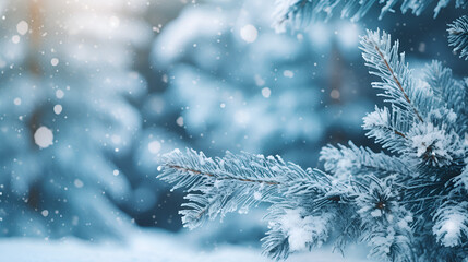 Frost snow backgrounds landscape  Winter season with snow caps covered branches of pine tree in Christmas festival, snowflake and bokeh glitter light background 