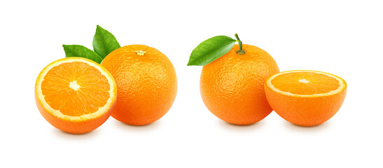 Orange fruit and Orange sliced with green leaves, transparent background