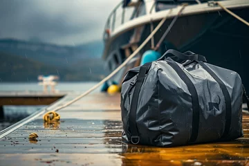 Foto op Aluminium waterproof duffel bag on a wet dock beside a boat © studioworkstock