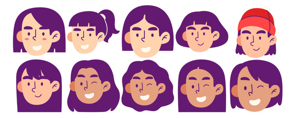 Woman Face Cartoon Illustration. Mega Bundle. womens day, international womens day, head, avatar, person, head, character, young. Vector Illustration