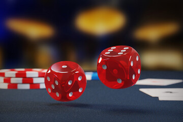 Playing cards, dice and poker chips on poker table in casino. 