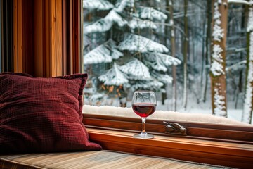 cozy window nook with wine and snow outside - obrazy, fototapety, plakaty