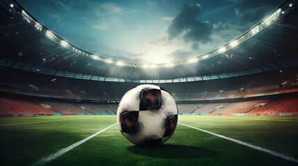 Close up of a soccer ball at the stadium on the green grass during a night match  - obrazy, fototapety, plakaty