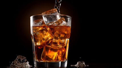 Isolated shot of whiskey with splash on black background Splash from glass of scotch whiskey with ice 