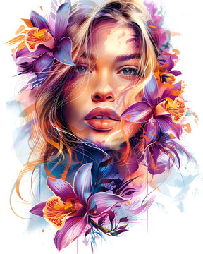 Cartoon image of a beautiful girl with flowers. Illustration for stickers on T-shirts, clothes, shoppers.
