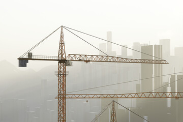 Tower Crane Dominating the Hazy Skyline in a Bustling Urban Construction Zone