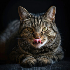 Obraz premium Playful tabby cat sticking out its tongue against a dark background with copy space for text