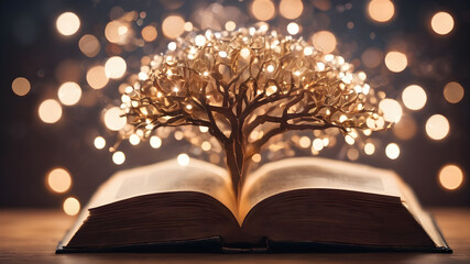  Tree glowing from an open book. Conceptual image with dry tree growing from book. AI generated image