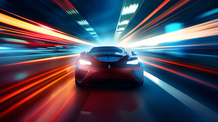 Futuristic sport car at road with motion blur light effect red Sports car on neon highway powerful acceleration of a supercar on a night track car on a road with lights on in the background 