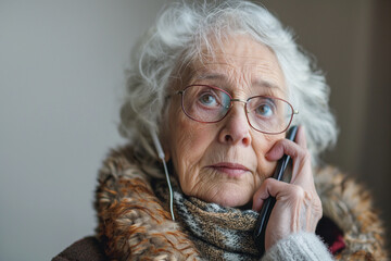 Portrait of worried elderly woman talking on the phone with my smartphone - obrazy, fototapety, plakaty
