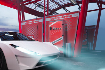 White Luxury Sports Car Getting Washed at Vibrant Red Self-Service Station