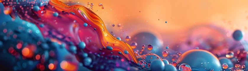Fotobehang An expansive panoramic landscape composed of abstract liquid forms and floating bubbles in a surreal blend of blues and oranges. © Chomphu