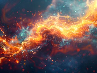 Abstract depiction of a vibrant energy flow, with intertwining waves of blue and orange, dotted with sparkling particles and a sense of dynamic movement.
