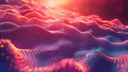 Futuristic digital landscape with glowing particle grid forming undulating waves, conveying a sense of high-tech motion.