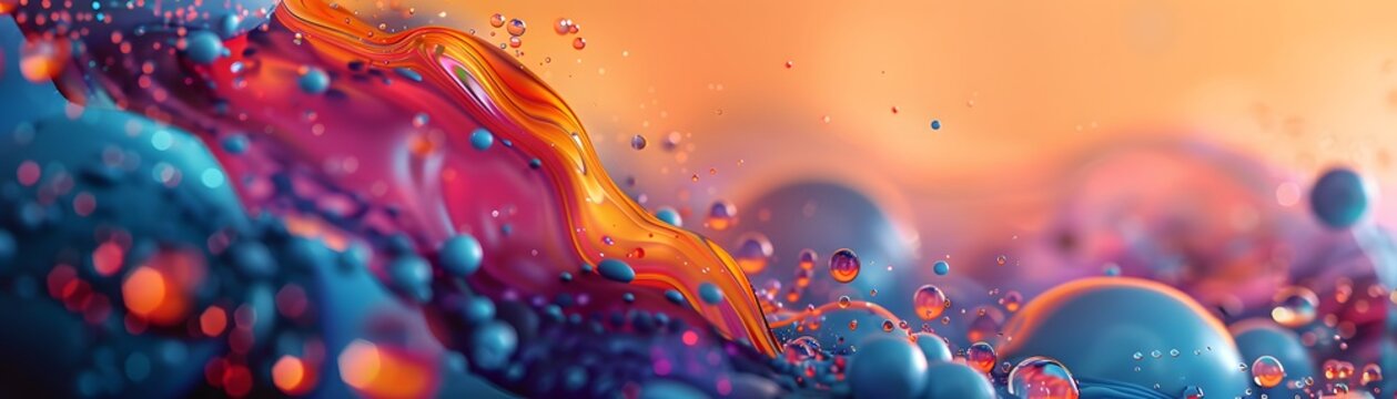 An expansive panoramic landscape composed of abstract liquid forms and floating bubbles in a surreal blend of blues and oranges.