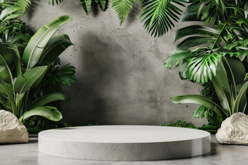 White stone podium, product display stand with green tropical leaves background