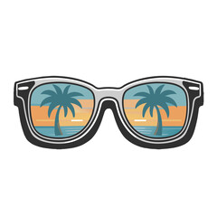 A pair of  sunglasses with palm tree reflections is depicted against a white  background, suggesting a beach or tropical theme