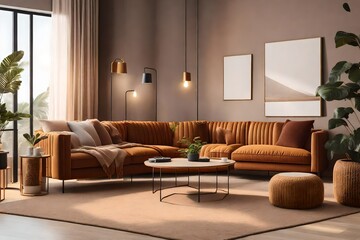 The warm and cozy interior of the living room with brown sofa, pouf, lamp, mock-up poster