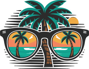 A pair of  sunglasses with palm tree reflections is depicted against a white  background, suggesting a beach or tropical theme