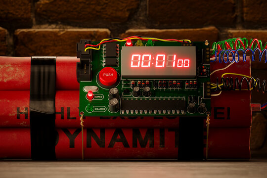 Realistic Dynamite Time Bomb Model Against a Textured Brick Wall Background - Powered by Adobe