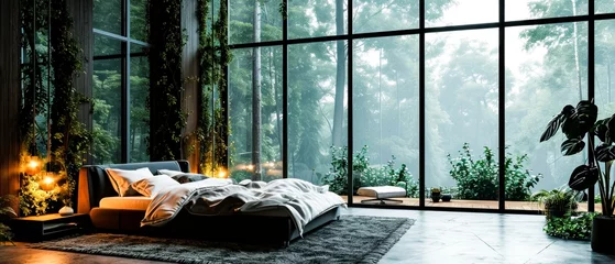 Foto op Plexiglas A luxurious modern bedroom with large windows offering a panoramic view of a dense, foggy forest. © Margo_Alexa