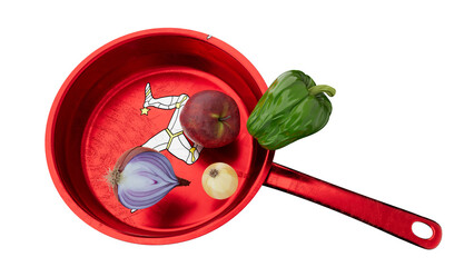 Isle of Man Flag on Red Skillet with Selection of Fresh Produce - 767126400