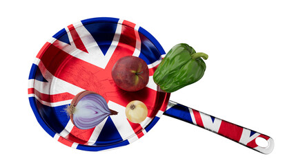 British Union Jack Flag on Frying Pan with Fresh Produce - 767126402