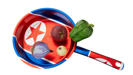 North Korean Flag Emblem on Frying Pan with Healthy Food Ingredients - 767126413