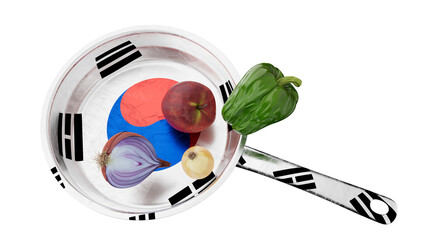 South Korean Flag Featured on Skillet with Fresh Vegetables and Fruits - 767126421