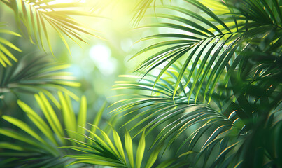 Obraz premium Lush Tropical Palm Leaves Bathed in Soft Sunlight Creating a Relaxing Jungle Foliage Pattern Background