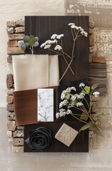 moodboard with color swatches in various shades of dark brown, grey and black for interior design. Creative flat lay composition with samples, panels and tiles. Stylish interior designer moodboard. .