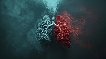 A graphic representation of human lungs affected by inhaling different substances, with one side exposed to clean air and the other to harmful smoke..