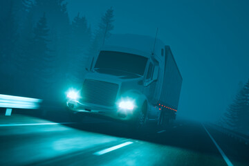 Semitruck's Nocturnal Journey Through a Dense Fog on an Isolated Highway