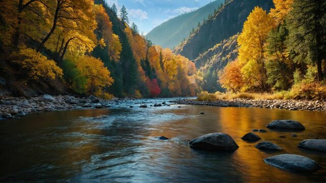 river flows in the middle of the forest and on the edge of the mountains in autumn