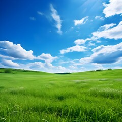 Fototapeta na wymiar green field and blue sky with clouds, Ai Generated