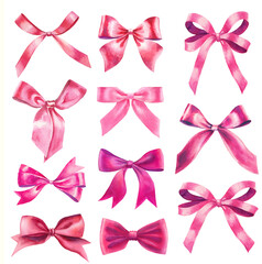 Set of watercolor ribbon bows isolated on white background. Pink silk bows knots as event decorative design elements. hand-drawn illustration