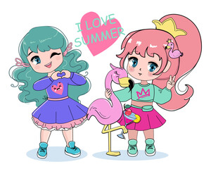 Beautiful little cartoon girls with summer flamingo. Anime style, pink and blue hair and big eyes. Summer concept. Modern trend for kids, t-shirt design print. Little chibi girl - 767127427