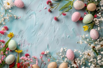 Fototapeta na wymiar Easter background with Easter eggs and spring flowers. Top view with copy space - generative ai