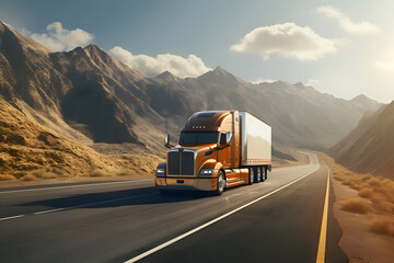 Logistics import export and cargo transportation industry concept of Container Truck run on highway road at sunset blue sky background with copy space, cargo airplane, moving by motion blur effect