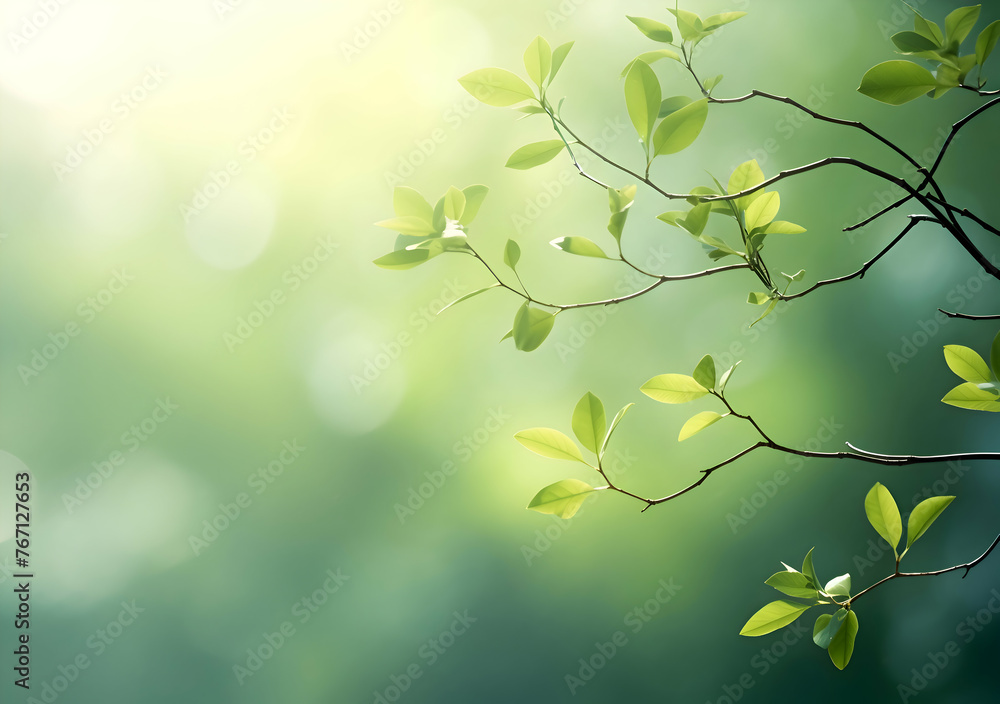 Poster Close up spring nature view of green brunches on blurred garden background with copy space. Natural background Generative Ai	