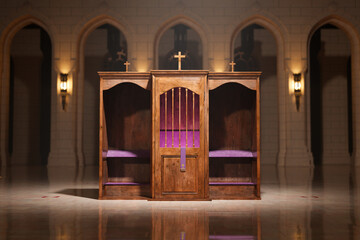 Traditional Wooden Confessional Booths within a Serene Church Interior - obrazy, fototapety, plakaty