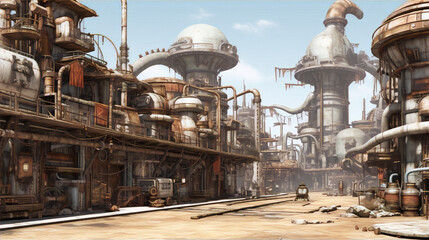 A steampunk city with a lot of factories and steam-powered machines.
